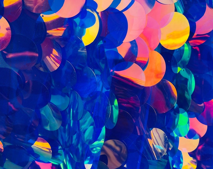 Multi Color Iridescent Big Sequin Fabric,1.5” Paillette circle Sequin,Round Tear Drop Mermaid Sequins Fabric On 2Way Stretch (Pick a Size)