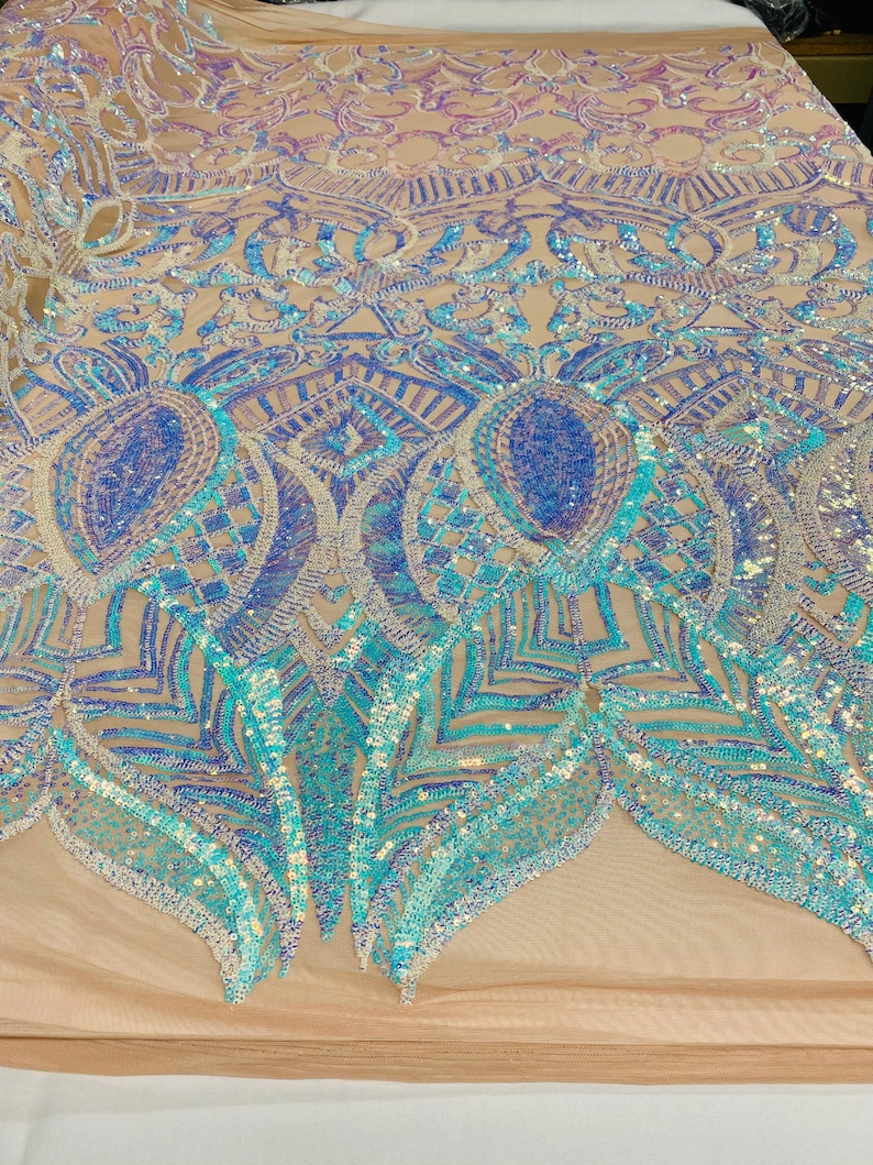 Iridescent Aqua Sequin Fabric: Royalty Embroidered Mesh, Prom Gown ...