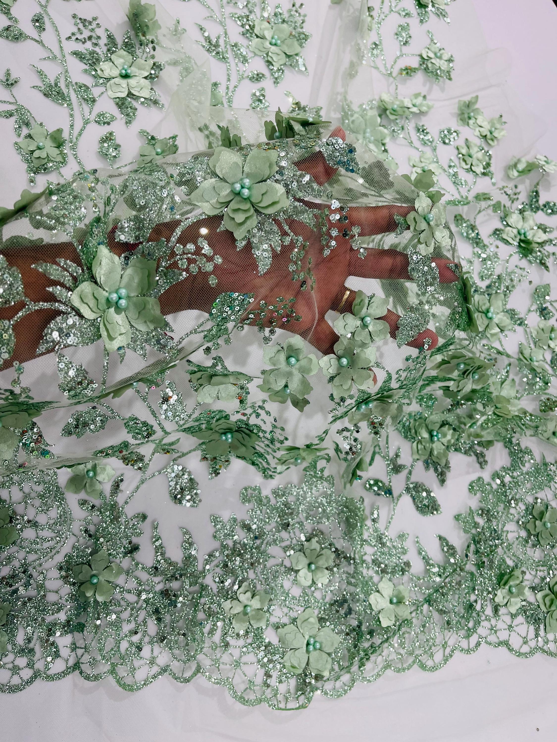 Sage 3D Floral Sequin Fabric: Glitter Tulle Lace for Wedding Dress - Etsy