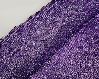 Lavender Gleam Beaded with Sequins Stretch Mesh Fabric By The Yard | Embroidery Beaded Sequins Fabric on a Mesh Prom,Gown