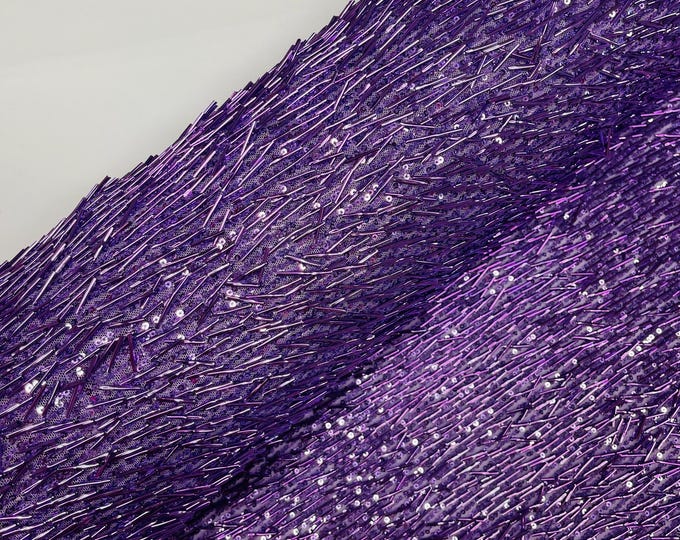 Lavender Gleam Beaded with Sequins Stretch Mesh Fabric By The Yard | Embroidery Beaded Sequins Fabric on a Mesh Prom,Gown