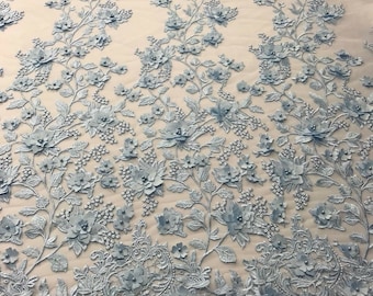 Baby Blue 3D Floral Design Embroider and Beaded With Pearls On a Mesh Lace-Prom-Dresses-Nightgown-Apparel-Fashion By The Yard