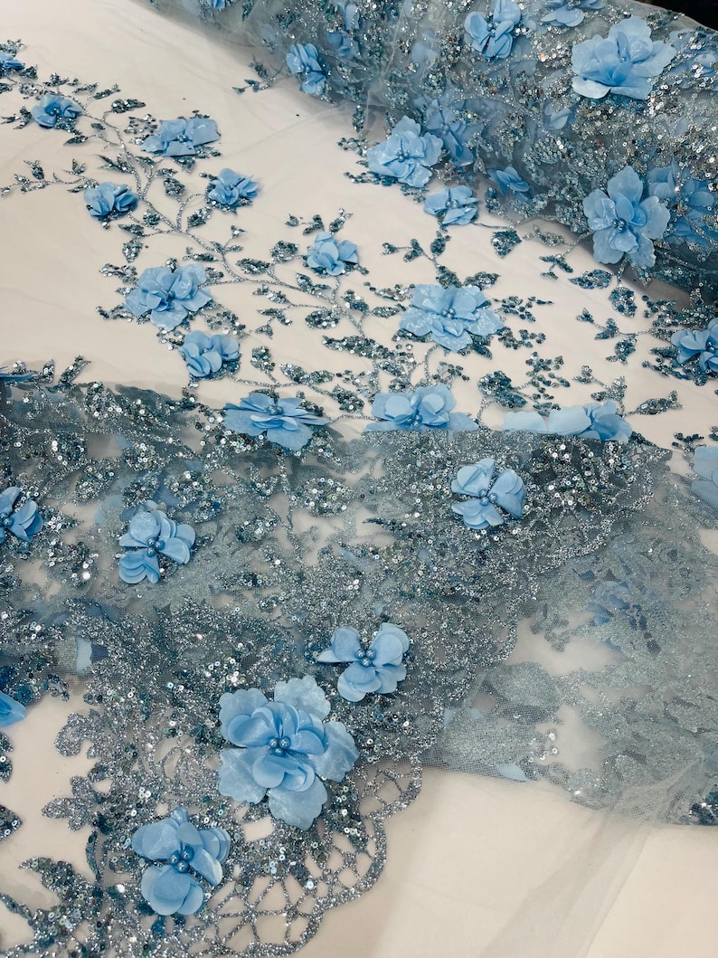 Baby Blue 3D Flower Sequin Fabric, Glitter Tulle Mesh, Wedding Dress - Etsy