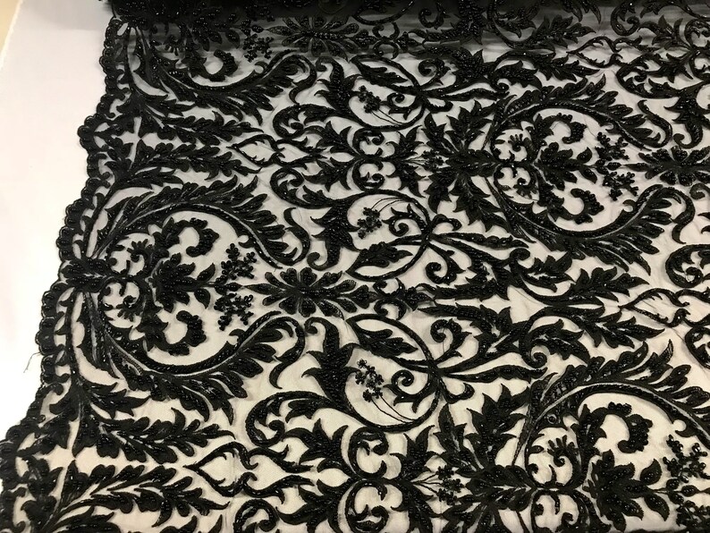 Black Beaded Fabric by the Yard Embroidered Damask Pattern Etsy