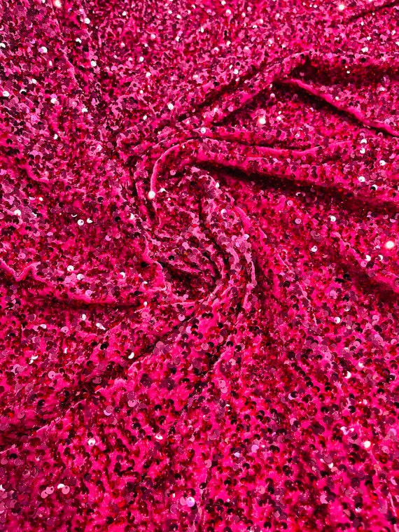 Feather Sequin Velvet Fabric - Red - 5mm Sequins Velvet 2 Way Stretch