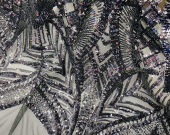 Black Holographic Sequin Fabric, Royalty Design Embroidery on a Mesh 4 Way Stretch Sequin-Prom-Gown By The Yard