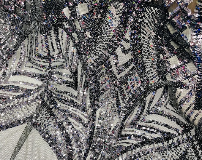 Black Holographic Sequin Fabric, Royalty Design Embroidery on a Mesh 4 Way Stretch Sequin-Prom-Gown By The Yard