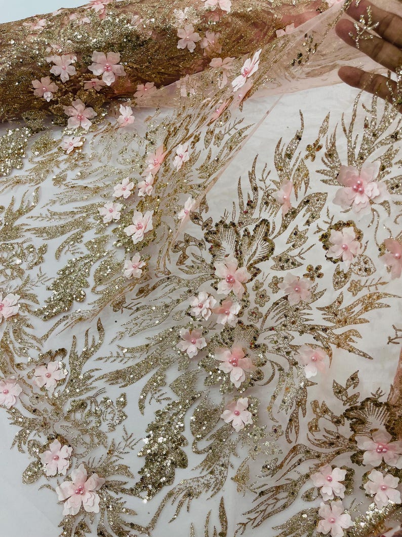 Rose Gold Glitter Floral Mesh, Glitter 3D Flower Sequin Fabric, Wedding ...