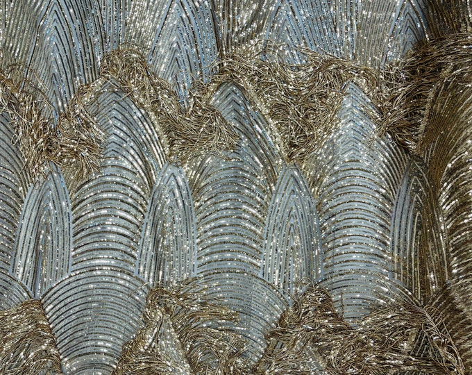 Gold Fringe Sequins on a Mesh, Gold Fringe Design Embroidered on 2 Way Stretch Fancy Sequin ( Choose The Size )