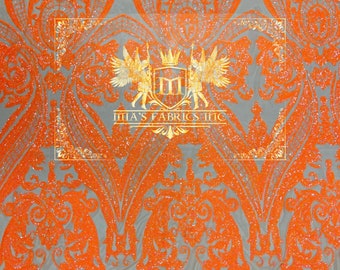 Neon Orange Damask Sequins Fabric – Embroidered Mesh, 4-Way Stretch