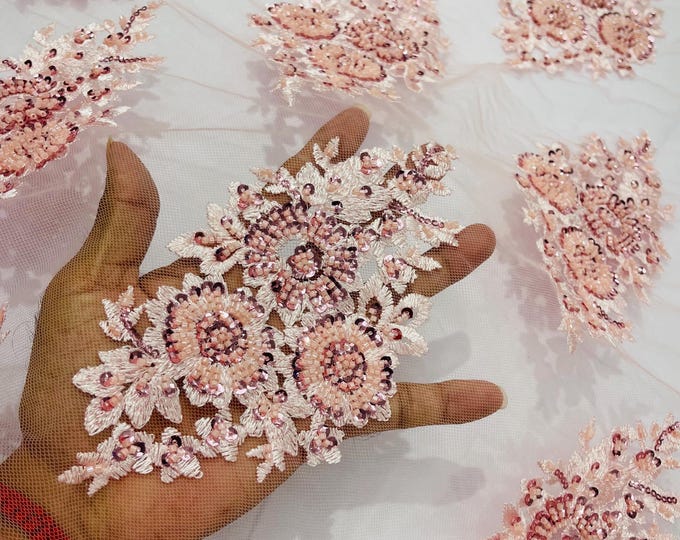 Pink Beaded Lace Fabric: Embroidered Mesh, Bridal Wedding Dress - Sold By The Yard