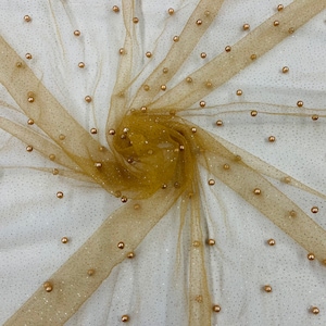 Skin Pearl Glitter Mesh Fabric, 2way Stretch Scattered Pearls Studded with glitter Mesh, sold by the yard (Pick a Size)