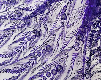 Purple Floral Beaded Lace Fabric: Embroidered Sequins on Mesh, Bridal Wedding Dress