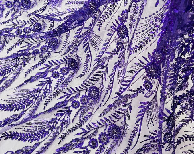Purple Floral Design Beads and Sequins, Lace Beaded Sequin Floral & Leaves Embroidered on a Mesh Lace,Wedding,Bridal,Dress By The Yard