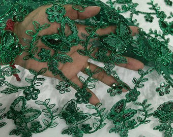 Hunter Green Corded Butterfly Lace Fabric with Sequins