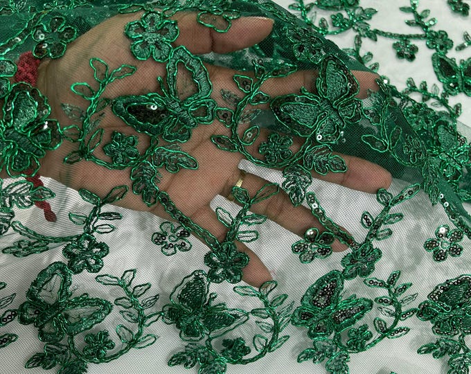 Hunter Green Metallic Corded Lace Small Butterfly by Yard, Metallic Thread Butterfly Design Embroidered With Sequin on a Mesh Lace Fabric