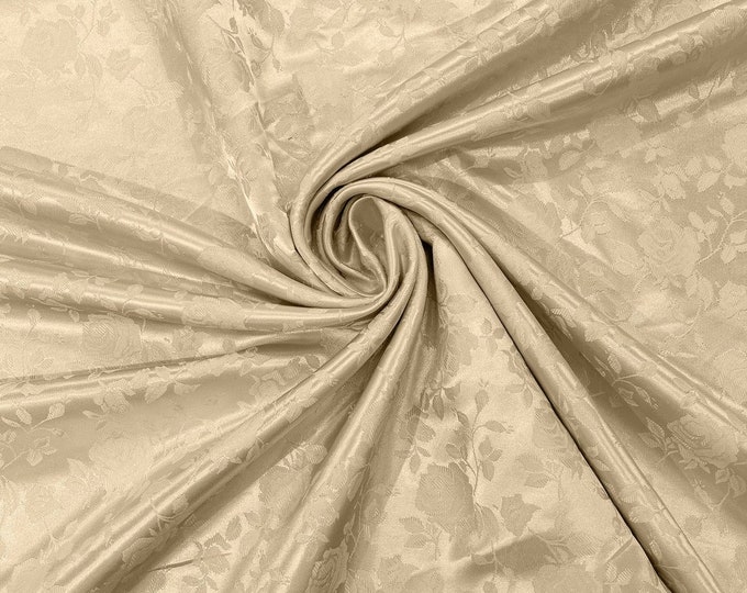 Champagne Flower Brocade Jacquard Satin Fabric, Sold By The Yard Polyester Satin Floral Wide 58/60"  (Choose The Quantity)