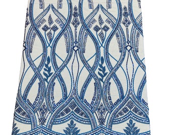 Royal Blue Beaded Damask Fabric, Embroidered Mesh, Sold By The Yard