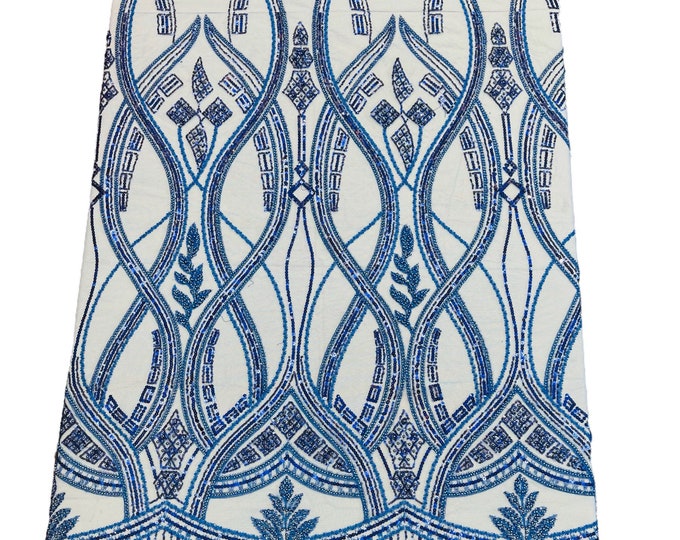Royal Blue Fashion Design Bead Damask Fabric, Embroidered Elegant Design With Beads and Sequins on a Mesh Sold By The Yard