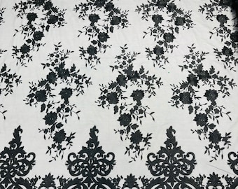 Black Damask Lace Fabric: Embroidered Floral Mesh, Scalloped Edge - Wedding Dress