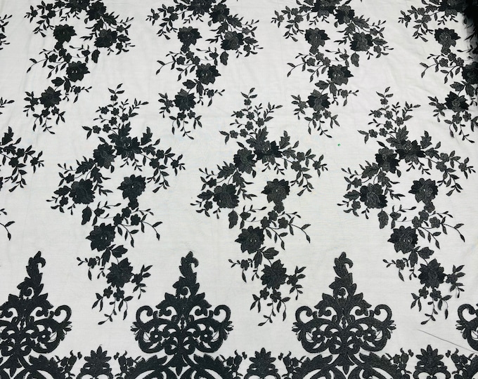Black Bridal Lace - by the yard - Damask Design Embroidered on Mesh Lace Fabric, Floral Wedding Dress (Pick a Size)
