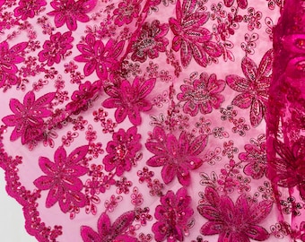 Fuchsia Metallic Corded Floral Lace Fabric by the yard: Embroider With Holographic Sequins Fabric