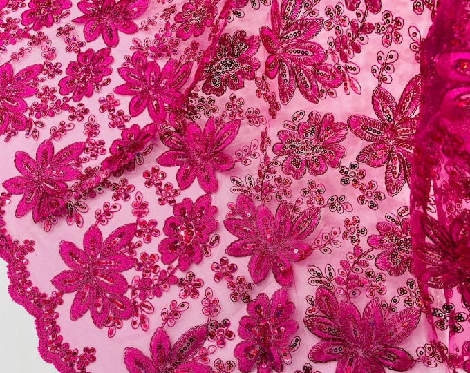 Fuchsia Metallic Corded Floral Lace Fabric by the yard: Embroider With Holographic Sequins Fabric