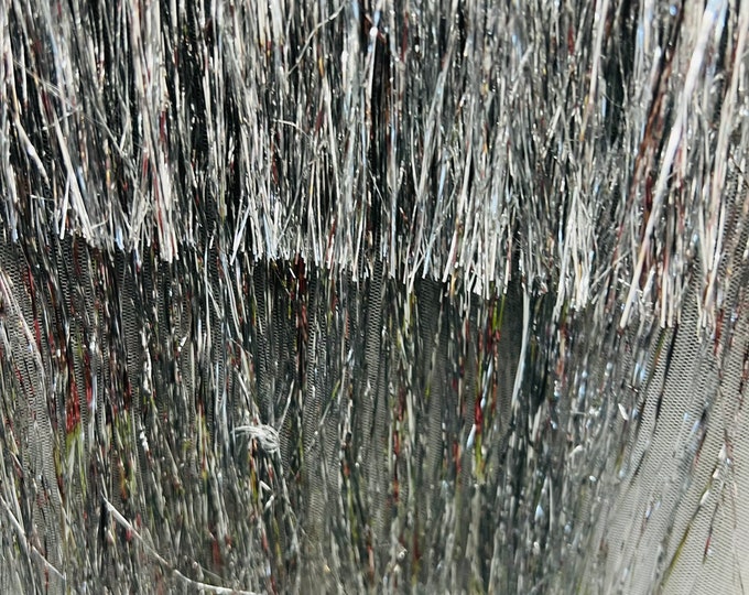 Silver Metallic Eyelash Design on a  Mesh By The Yard, eyelash fabric Embroidered on 2 Way Stretch Fancy Fringe ( Choose The Size )