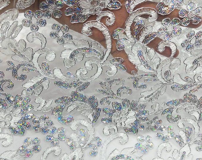 White/Silver Metallic Corded Flower Lace Fabric by the yard: Embroider With Holographic Sequins Fabric