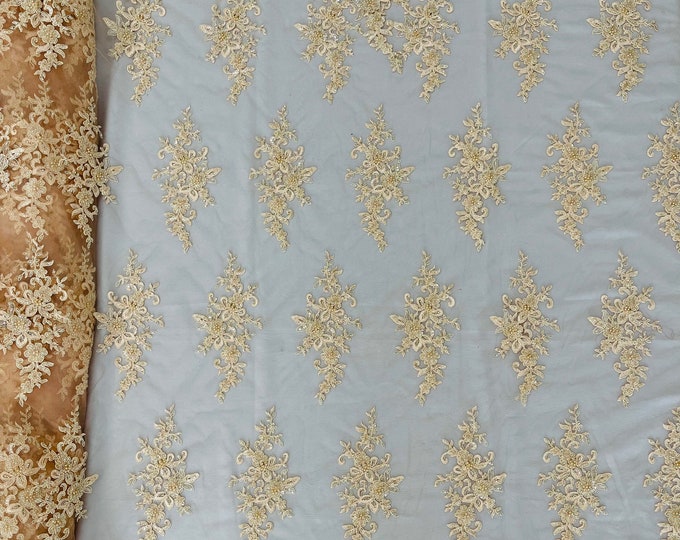 Blush Peach Beaded Sequins Fabric, Embroidery With Beaded Sequin on a Mesh, Floral Bridal Lace Fabric by the yard (Pick a size )
