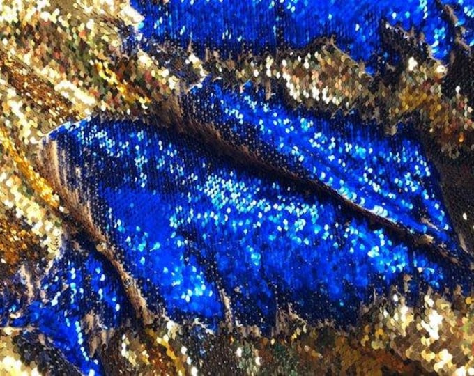 Gold/Royal Blue Flip Up Sequins Reversible, 2-Way Stretch 58/60” Sequins Fabric Dresses-Nightgowns-Prom Gown (Choose The Quantity)