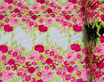 Multi Color Floral Design Lace Fabric - by the yard - Embroidered on Black Mesh Lace Fabric, Floral Bridal Lace Wedding