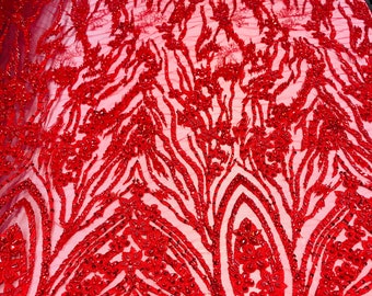 Beaded Fabric - Red - Embroidered Flower Line Mesh Lace Fabric with Beads Sold By The Yard