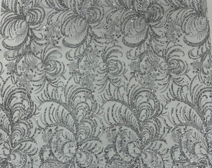 Silver Bridal Glitter Lace Mesh By The Yard for Quinseñera Wedding Decor Glimmer/Prom/Glitter Fabric/Sparkle Fabric/Shimmer Lace
