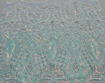 Aqua Iridescent Sequin Fabric - by yard - On White Power Mesh, Royalty Design 4 Way Stretch Sequins Fabric Prom-Gown