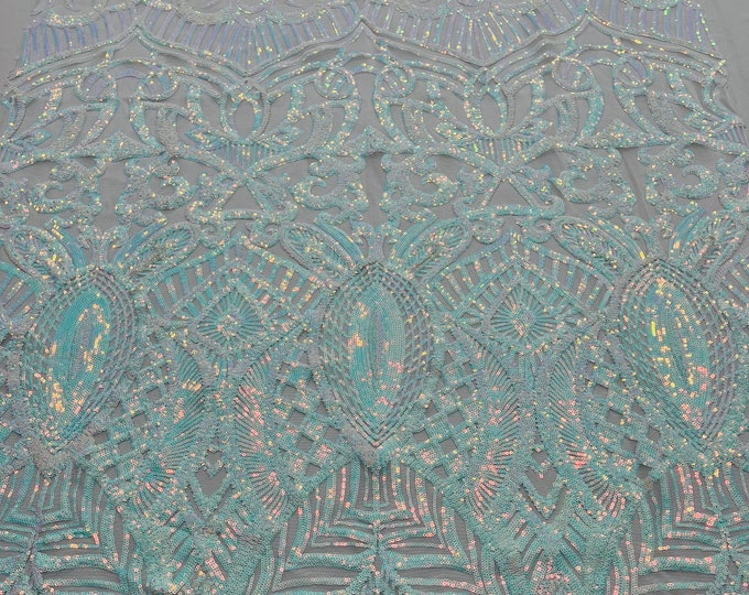 Aqua Iridescent Sequin Fabric - by yard - On White Power Mesh, Royalty Design 4 Way Stretch Sequins Fabric Prom-Gown