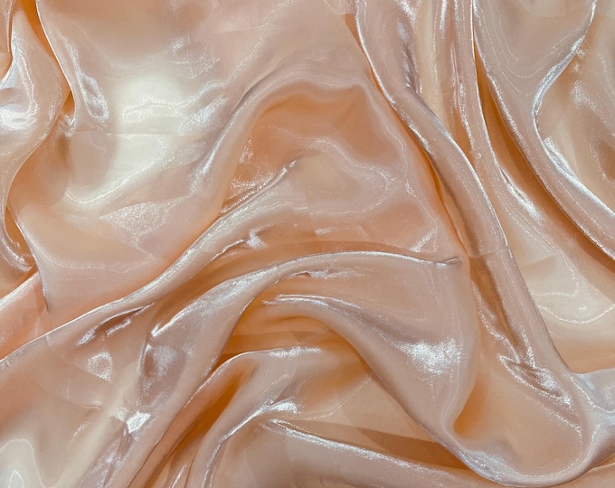 Peach Ultra Glossy Shimmer Chiffon Fabric, Bridal Liquid Crystal, 100% Polyester By The Yard