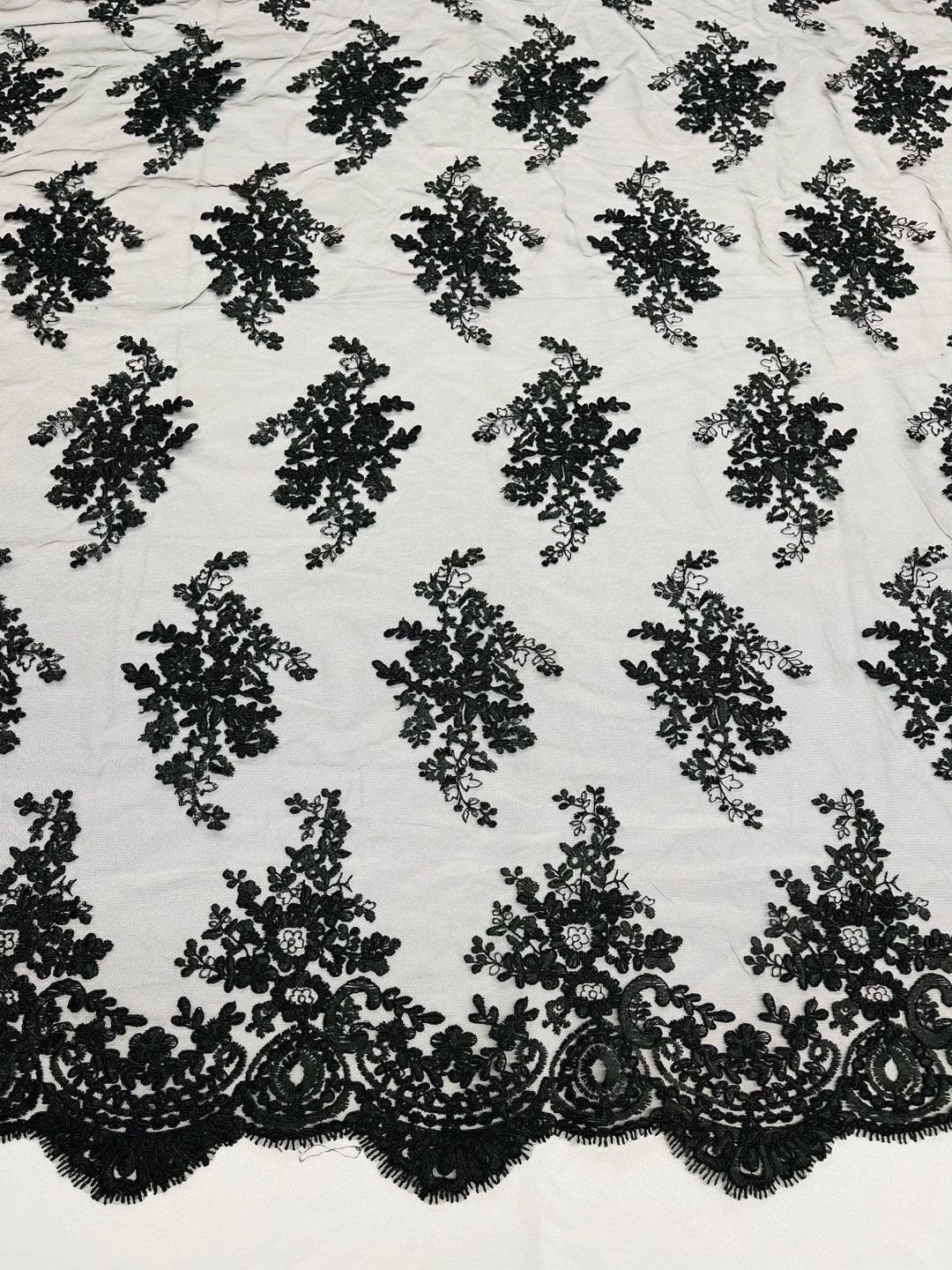 Black Floral Lace Fabric, Embroidery on a Mesh Lace Fabric by the Yard