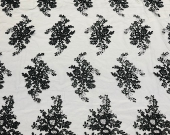 Black Floral Embroidery Lace Fabric: Scalloped Edge Mesh, Bridal Gown