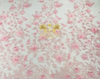 Pink 3D Floral Embroidered Lace with Pearls, Prom Dress Fabric By The Yard