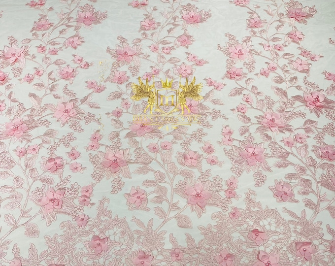 New Pink 3D Floral Design Embroider and Beaded With Pearls On a Mesh Lace-Prom-Dresses By The Yard