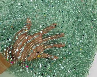 Sage Wave Design Beads and Sequins, Pearl Beaded Fabric Embroidered on a Mesh Lace,Wedding,Bridal,Dress Sold By The Yard