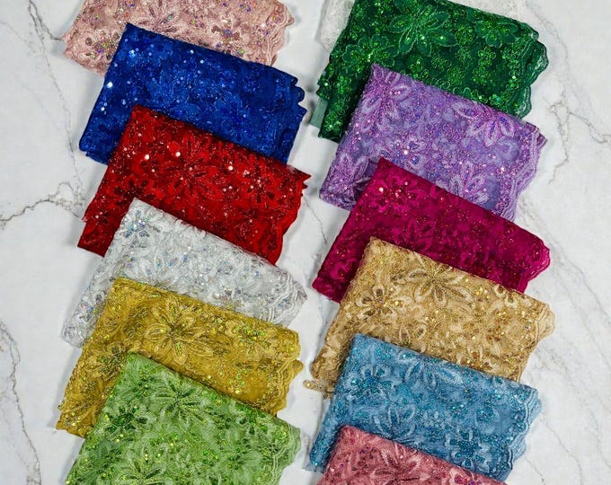 Metallic Corded Floral Lace Fabric: Embroidered Sequin Hologram on a Mesh, Bridal Gown Material