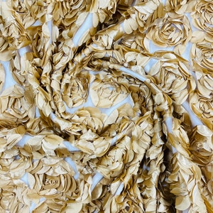 Gold Rosette Fabric 3D Floral Fabric By The Yard, Peony Bouquet Fabric on Mesh, 3D Rosette Satin Fabric Wedding Decor.