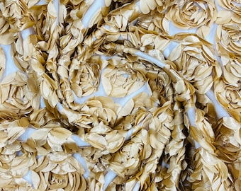 Gold Rosette Fabric, 3D Satin Floral Fabric By The Yard