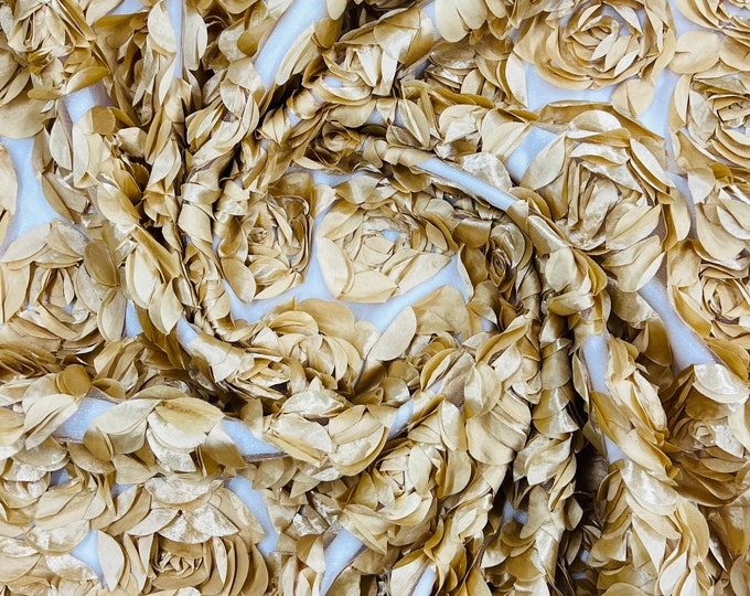 Gold Rosette Fabric 3D Floral Fabric By The Yard, Peony Bouquet Fabric on Mesh, 3D Rosette Satin Fabric Wedding Decor.