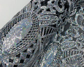 Silver Holographic Sequins on Black Mesh - by the yard - Royalty Design on Mesh 4way Stretch Sequin-Prom-Gown