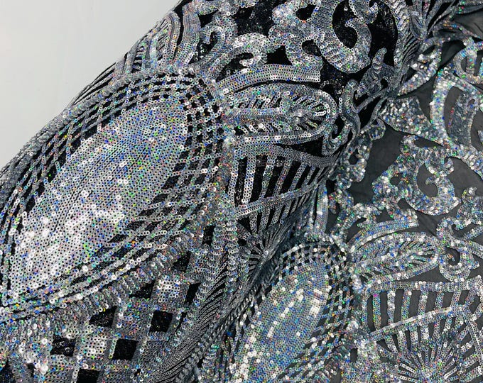 Silver Holographic Sequins on Black Mesh - by the yard - Royalty Design on Mesh 4way Stretch Sequin-Prom-Gown