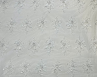 3D Floral Lace Fabric: White Embroidered Sequins & Pearls, Bridal Wedding