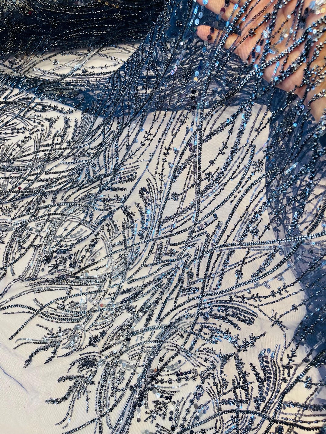 Navy Blue Beaded Lace Fabric | Beads & Sequin Embroidery by the Yard - Etsy